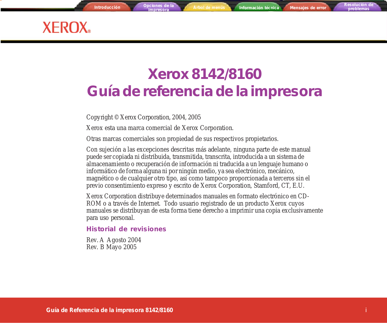 Xerox 8142, 8160 Printer Reference Guide