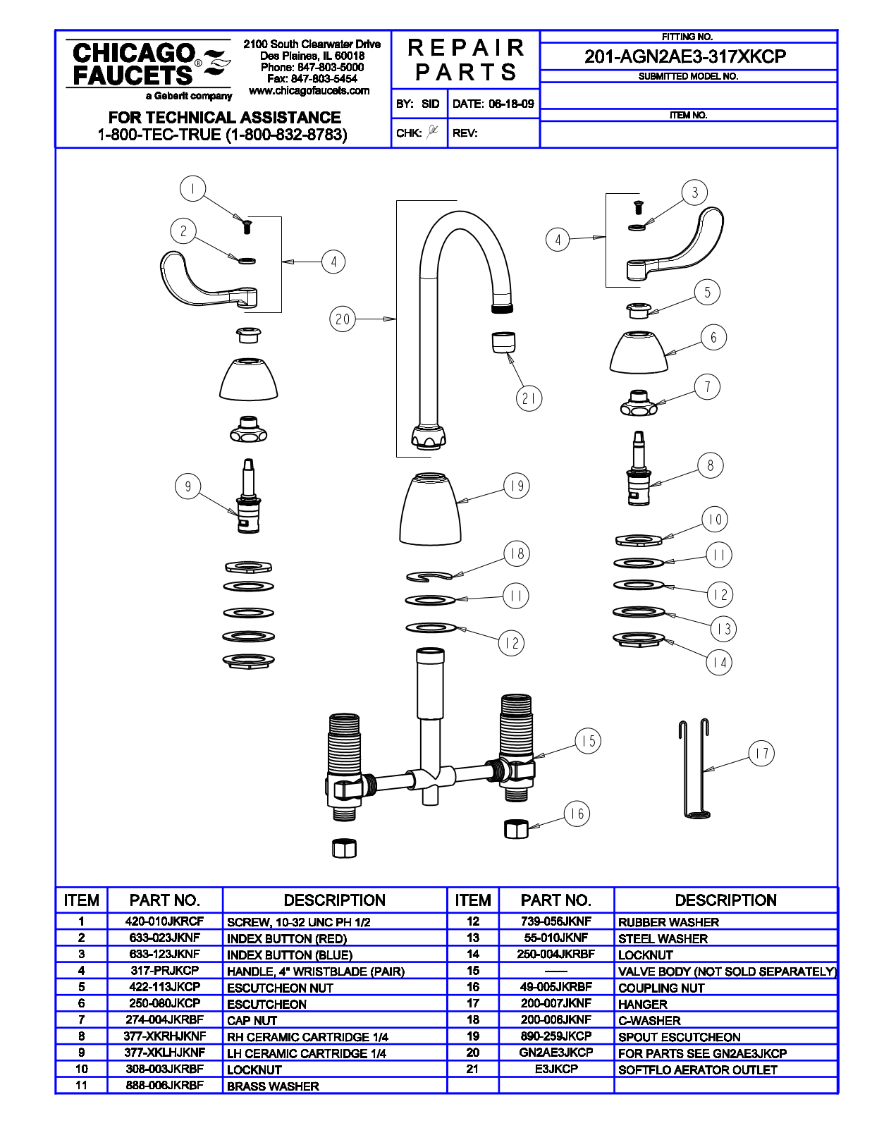 Chicago Faucet 201-AGN2AE3-317XKCP Parts List