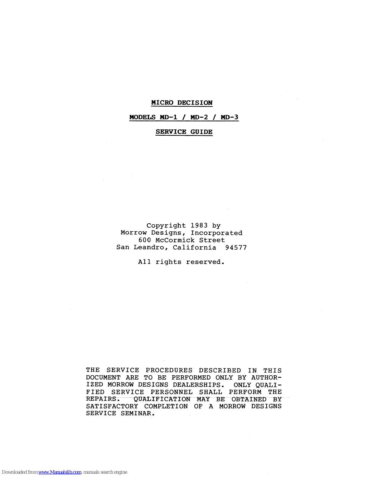Morrow Micro Decision MD-1, Micro Decision MD-2, Micro Decision MD-3 Service Manual - ManualMachine.com