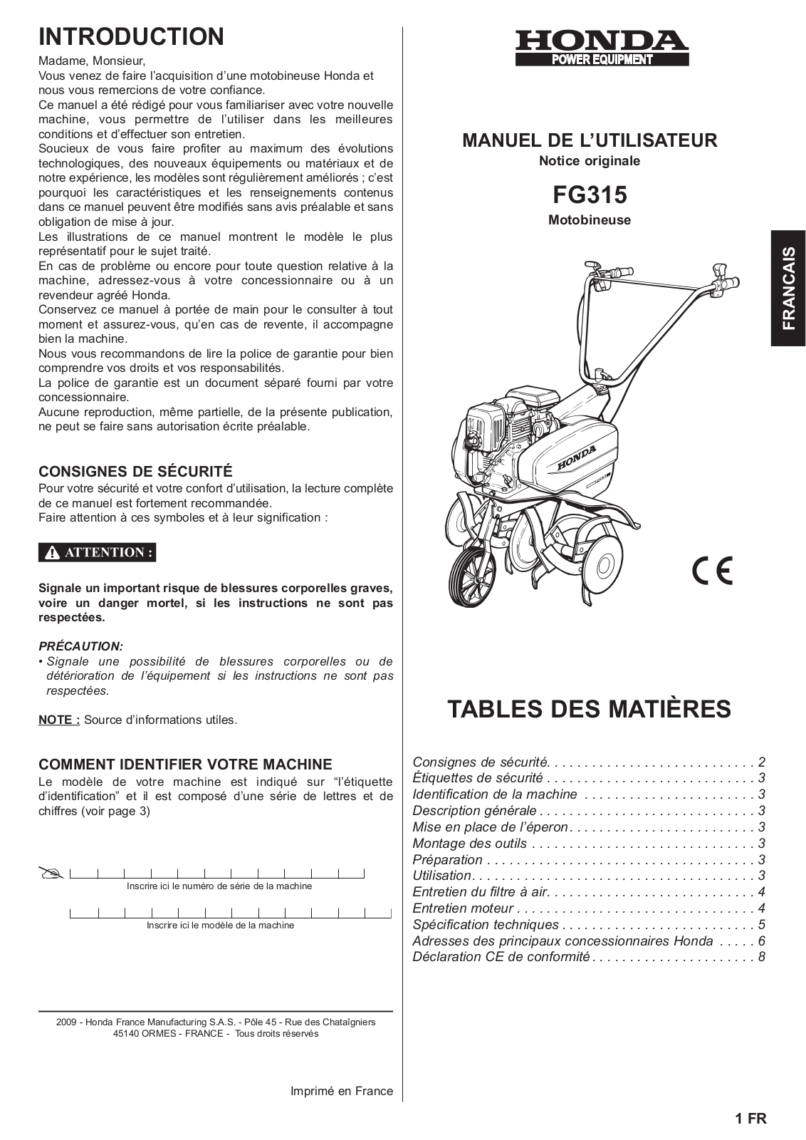 HONDA FG 315 User Manual