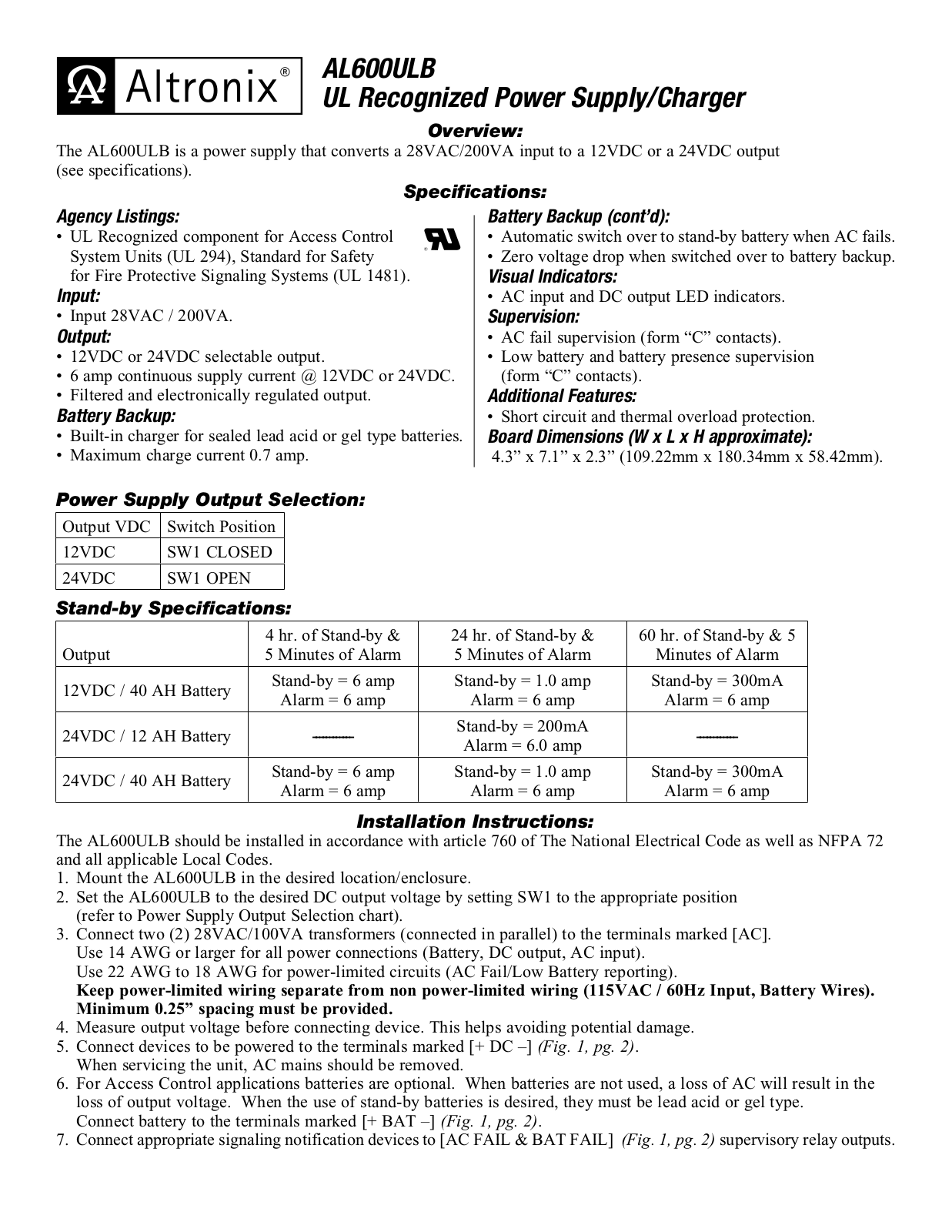 Altronix AL600ULB Installation Instructions