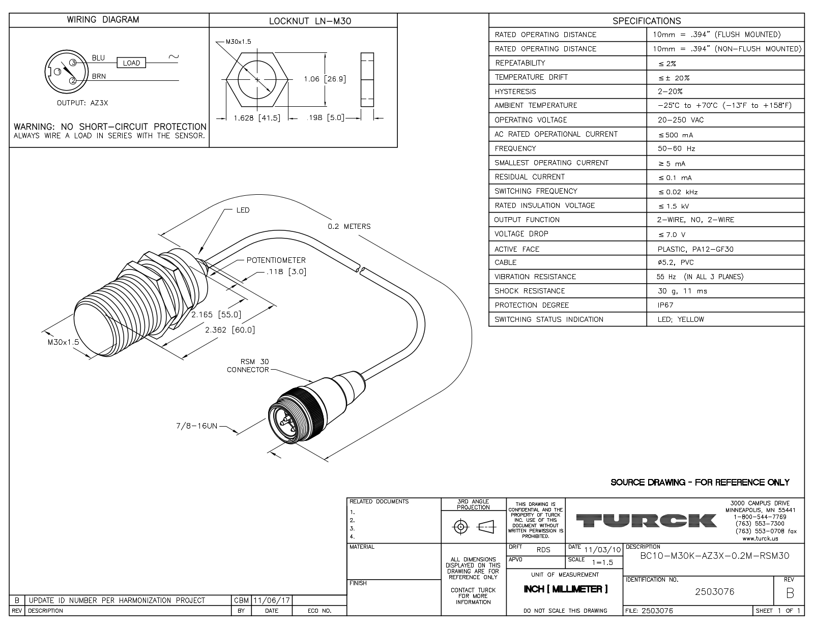 Turck BC10-M30K-AZ3X-0.2-RSM30 Data Sheet