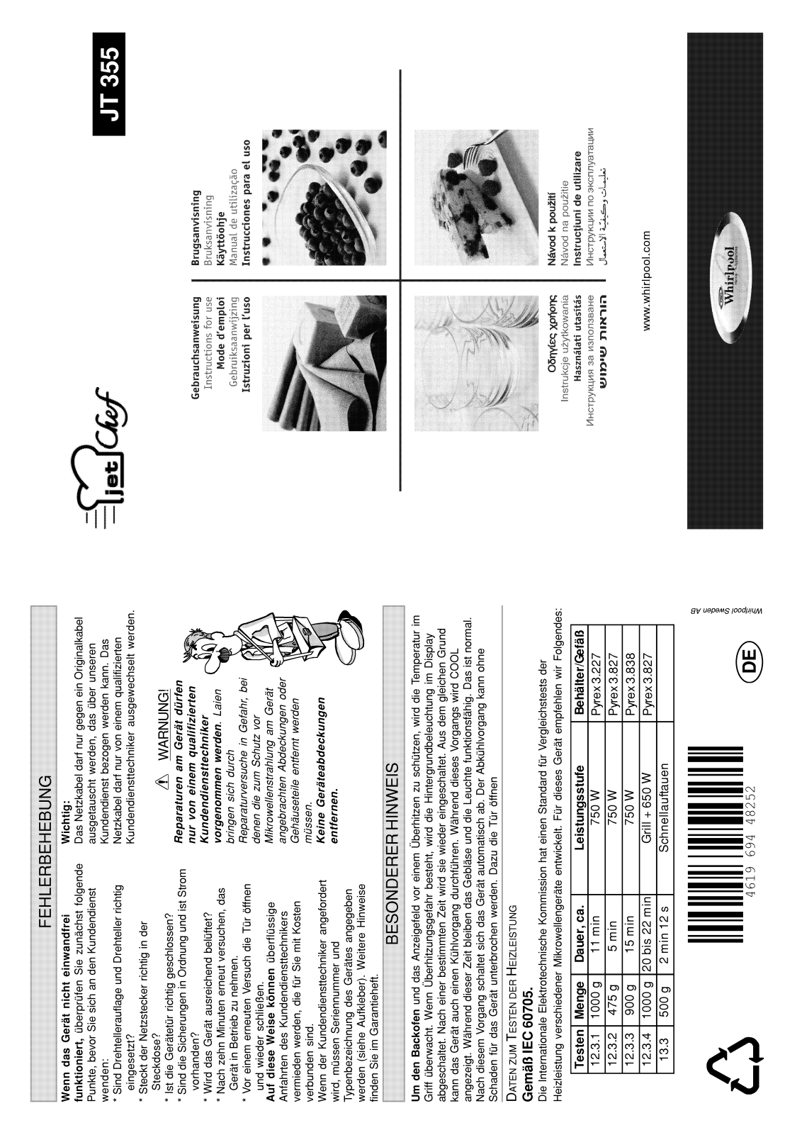 Whirlpool JT 355 white, JT 355 alu, JT 355 black User Manual