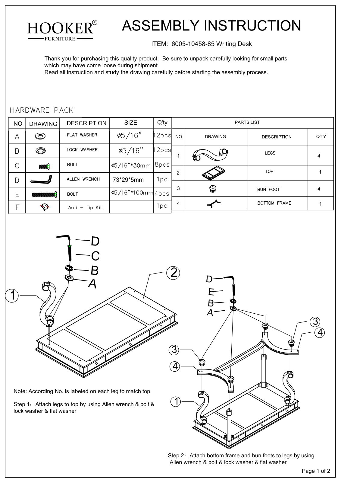 Hooker 6005-10458-85 Assembly Instructions