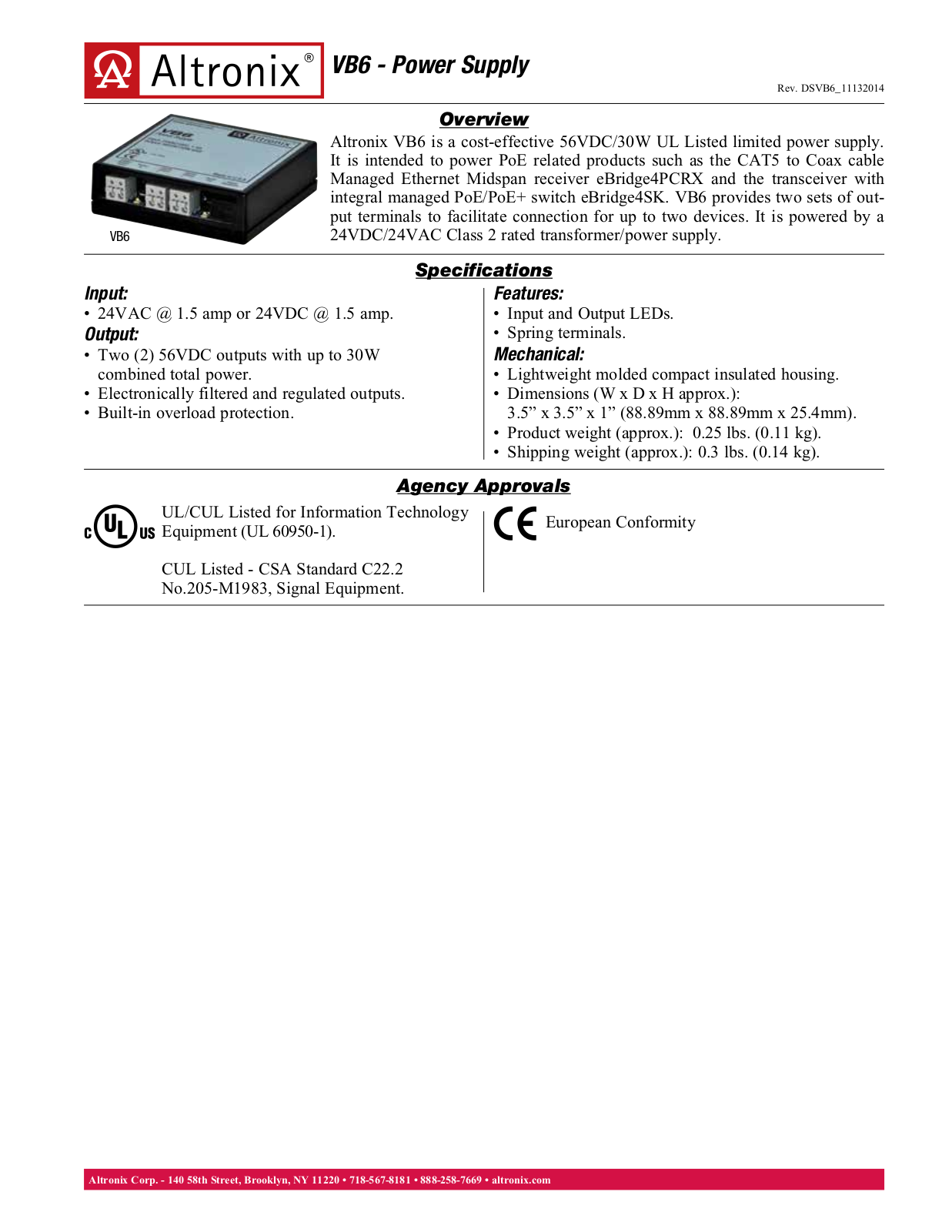 Altronix VB6 Specsheet