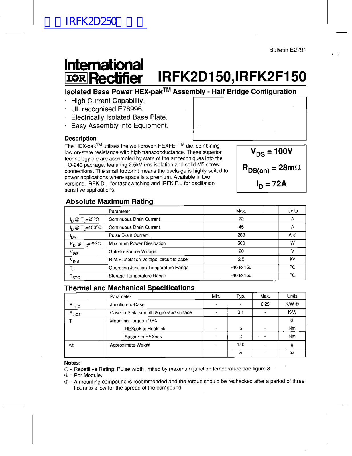 International Rrectifier IRFK2D150, IRFK2F150 User Manual