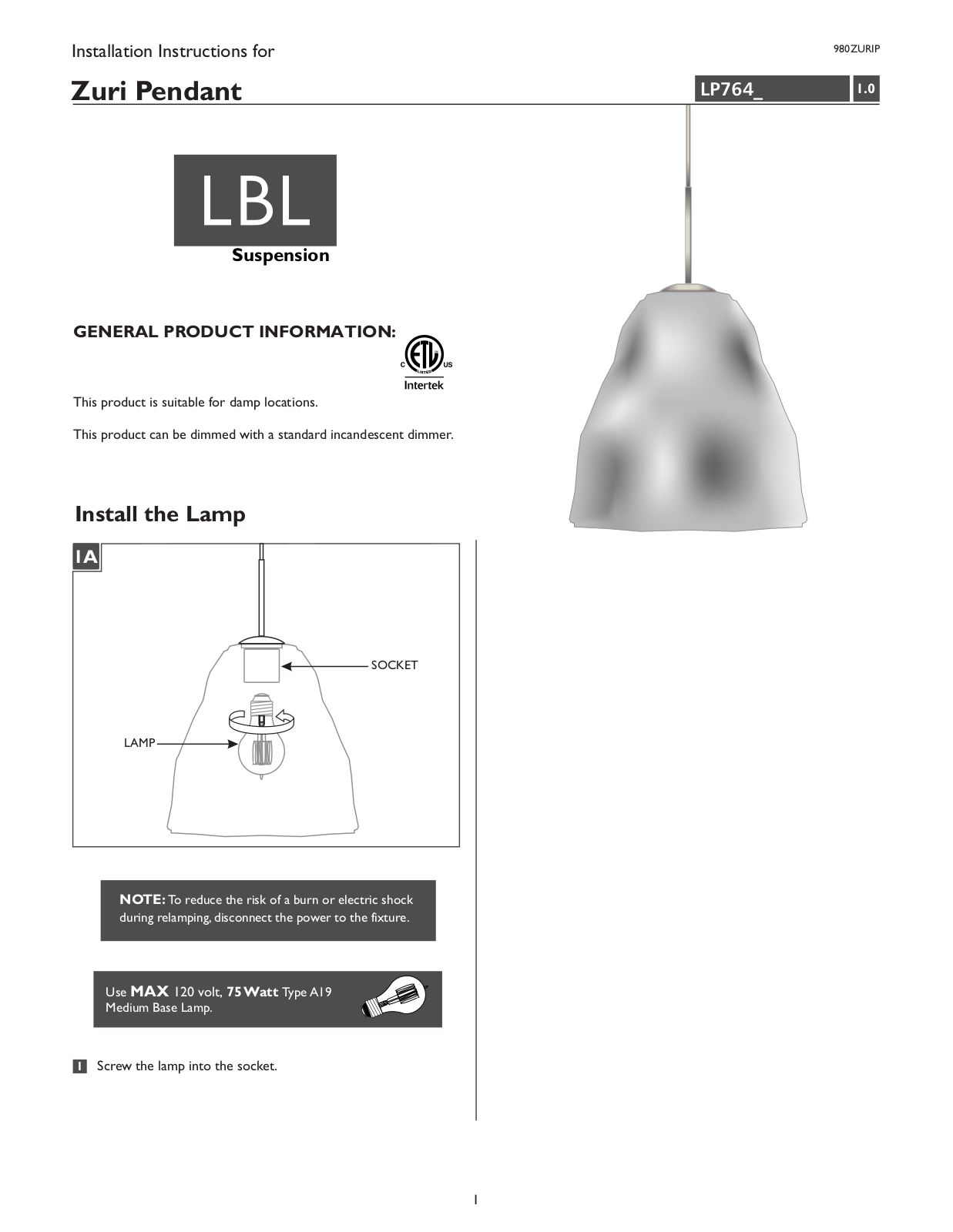 LBL Lighting Zuri P User Manual