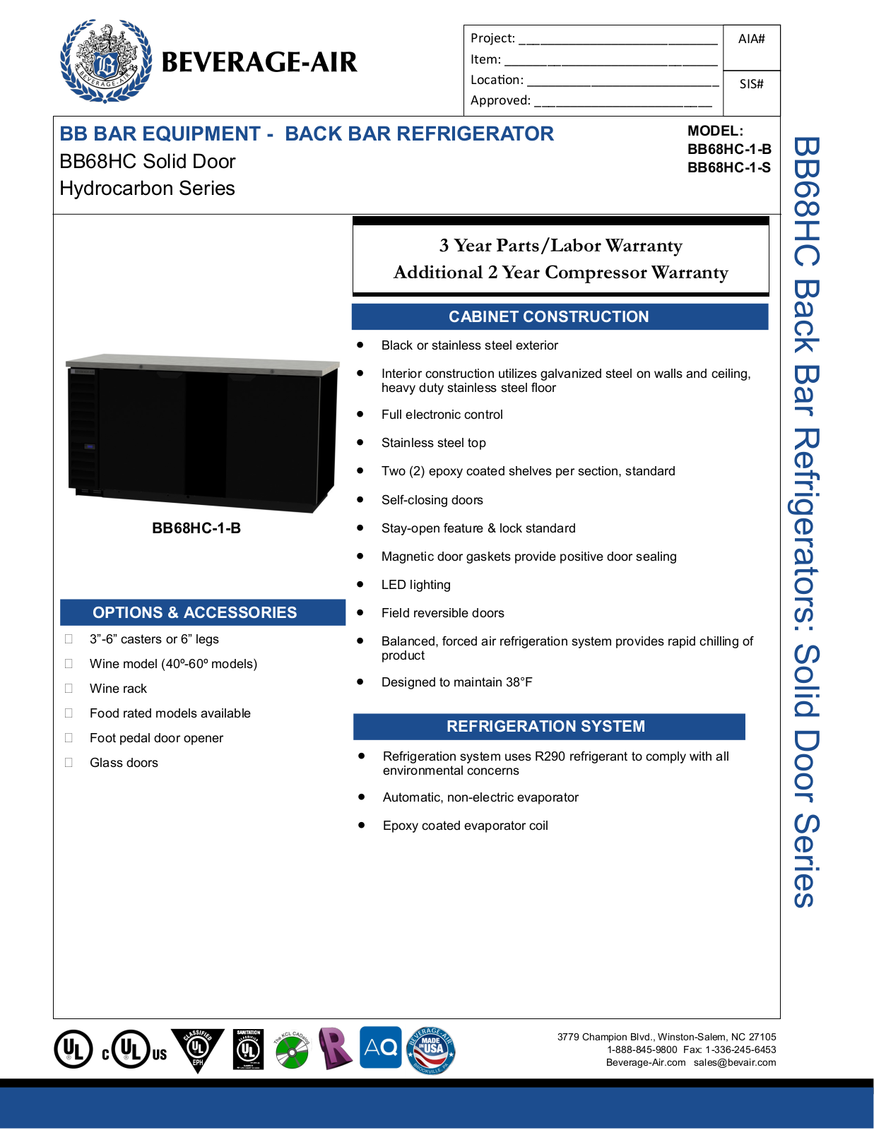 Beverage-Air BB68HC1S, BB68HC1B, BB68HC1FB, BB68HC1FS Specifications