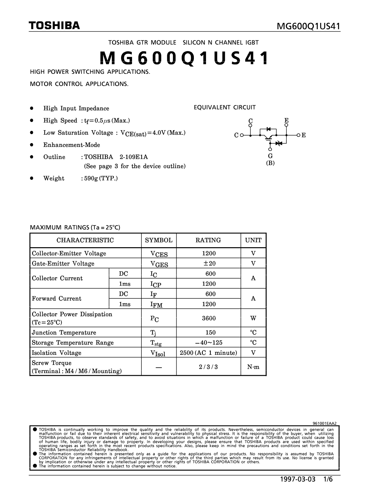 Toshiba MG600Q1US41 Datasheet