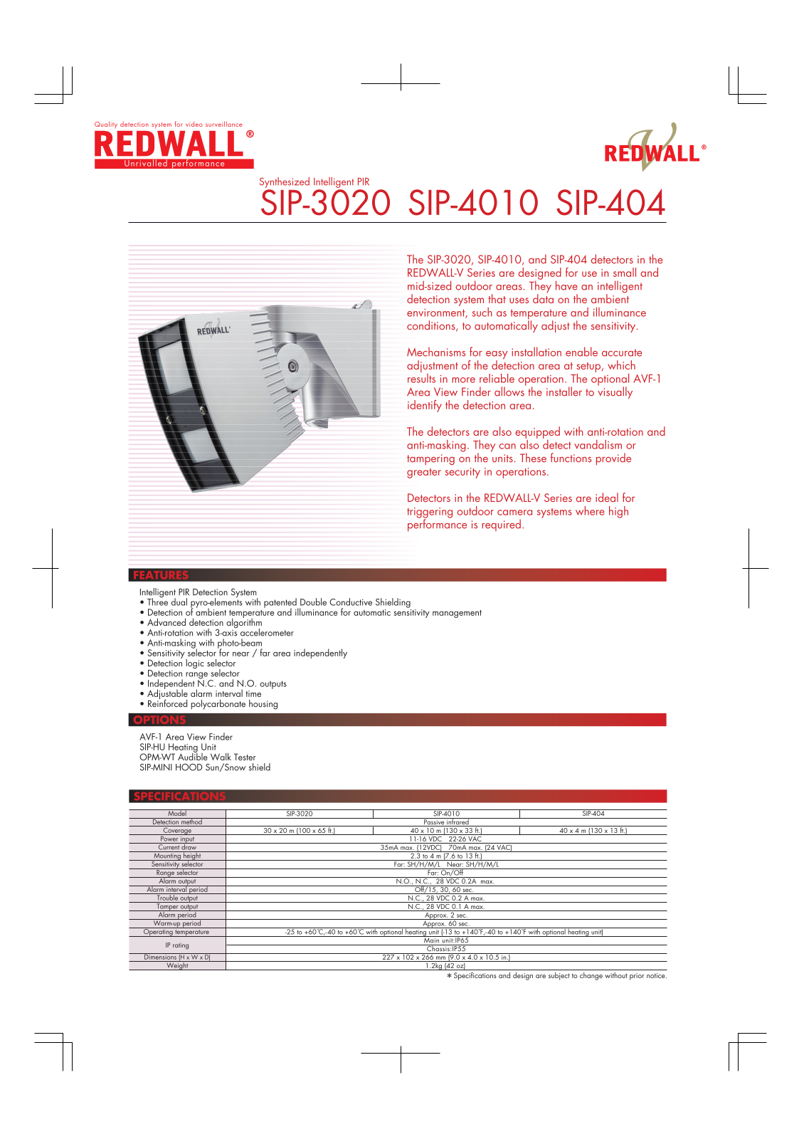 Optex SIP-3020WF, SIP-4010-5, SIP-3020-5 Specsheet