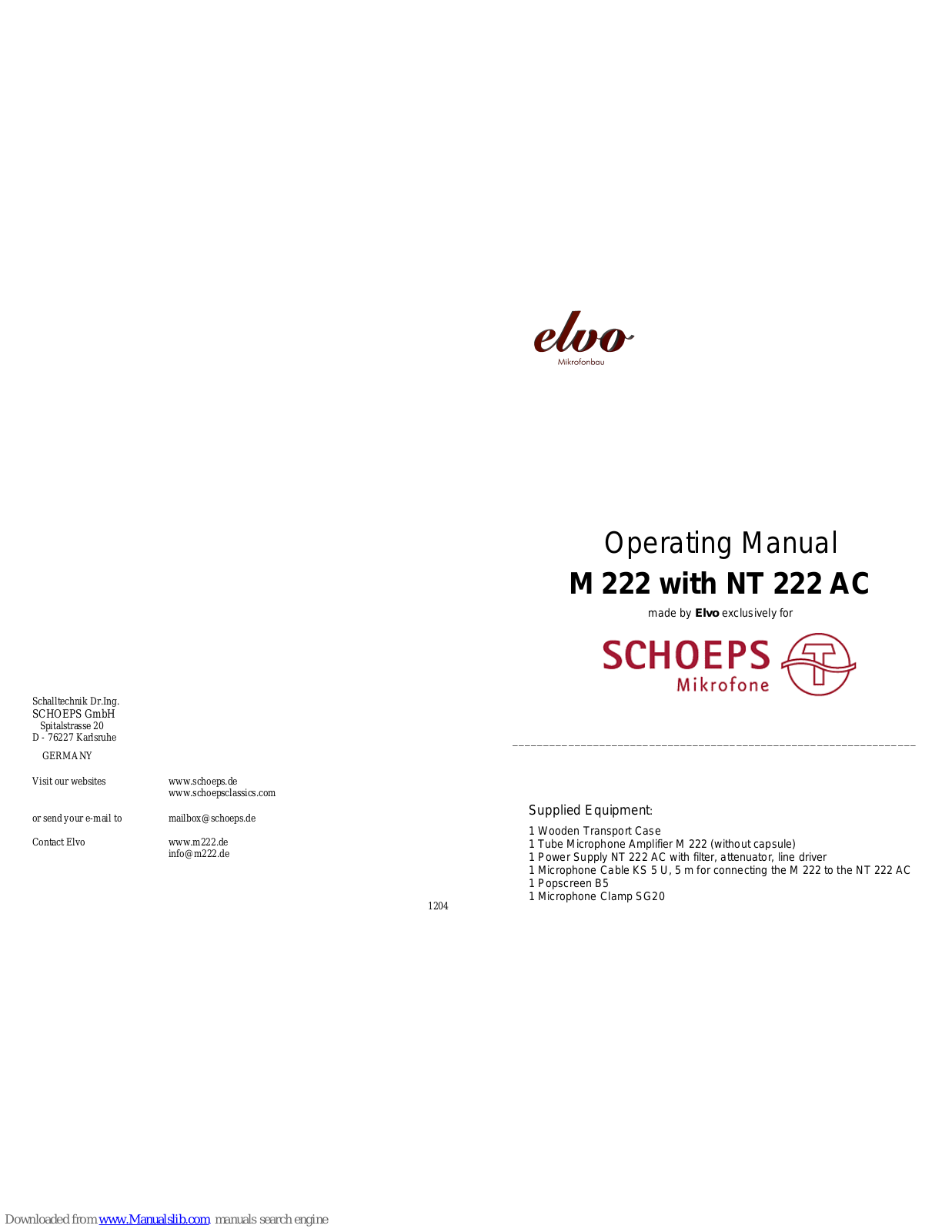 Schoeps M 222, NT 222 AC Operating Manual - ManualMachine.com