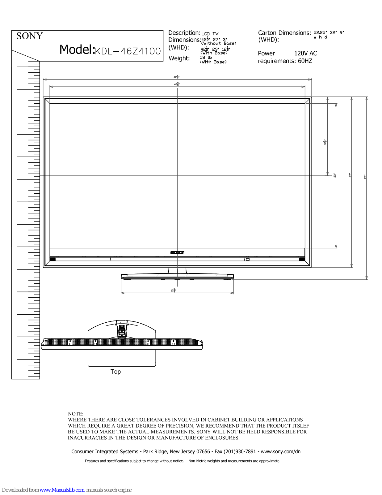 Sony KDL-46Z4100/S - Bravia Z Series Lcd Television, KDL-46Z4100 Dimensions