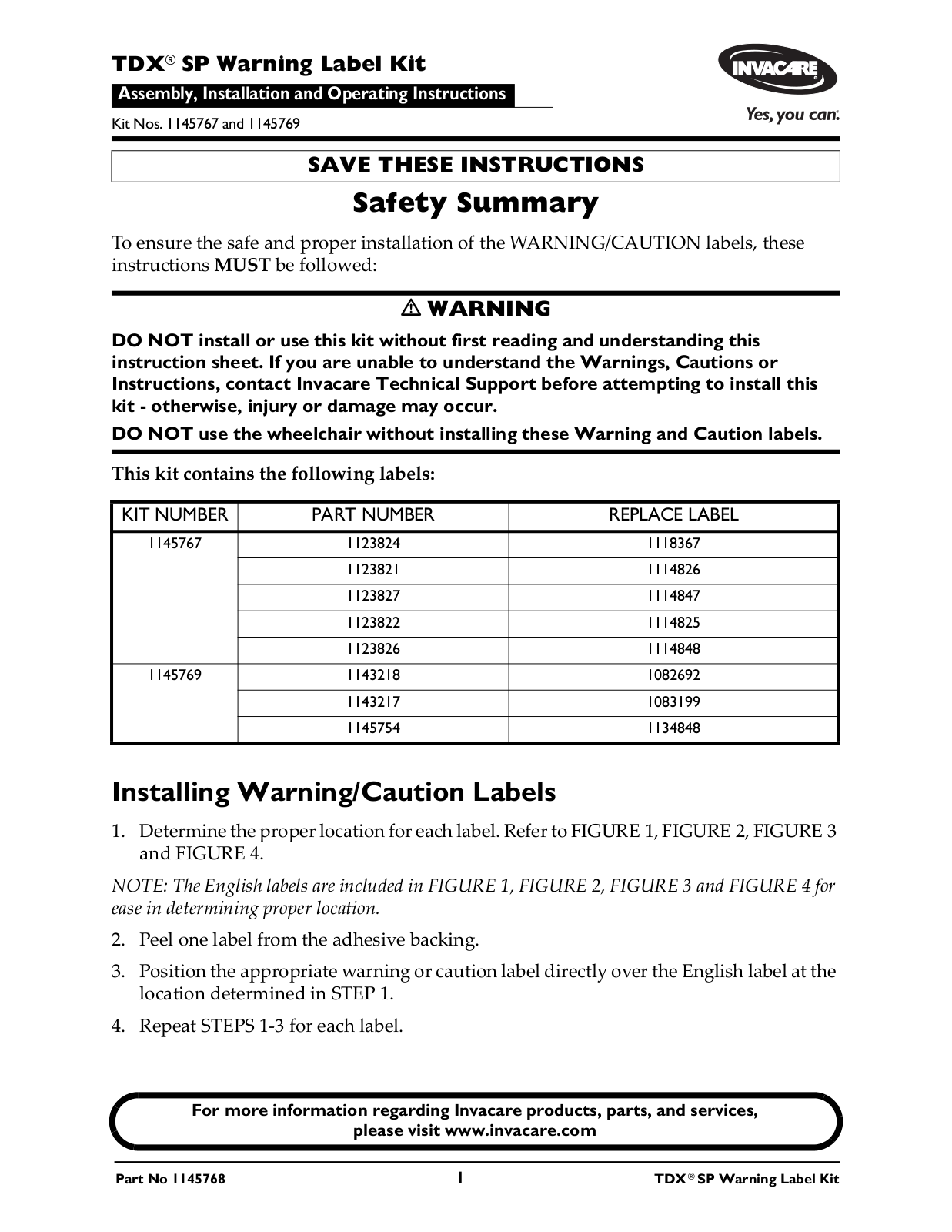 Invacare 1145767, 1145769 User Manual