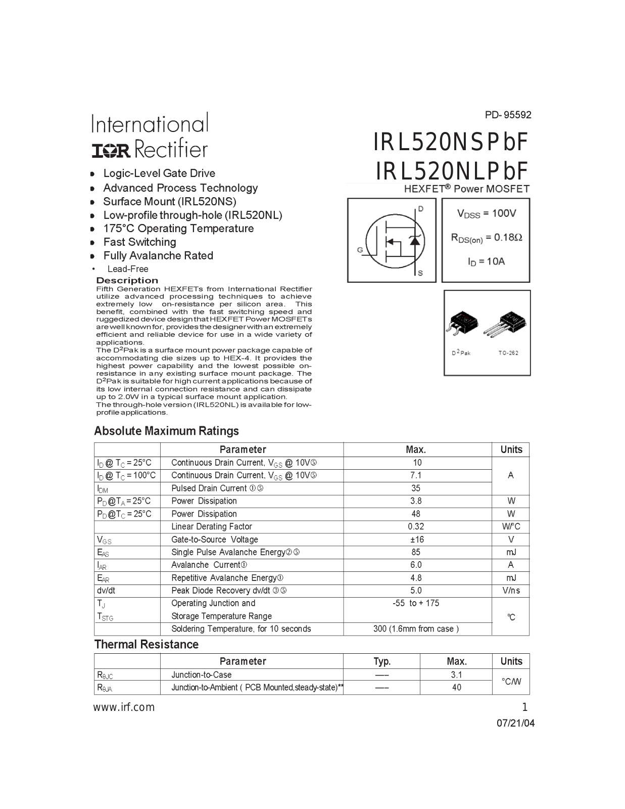 Datasheet IRL 520NS Datasheet - ManualMachine.com