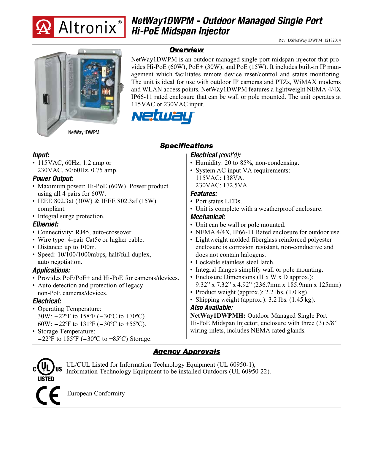 Altronix NETWAY1DWPM Specsheet