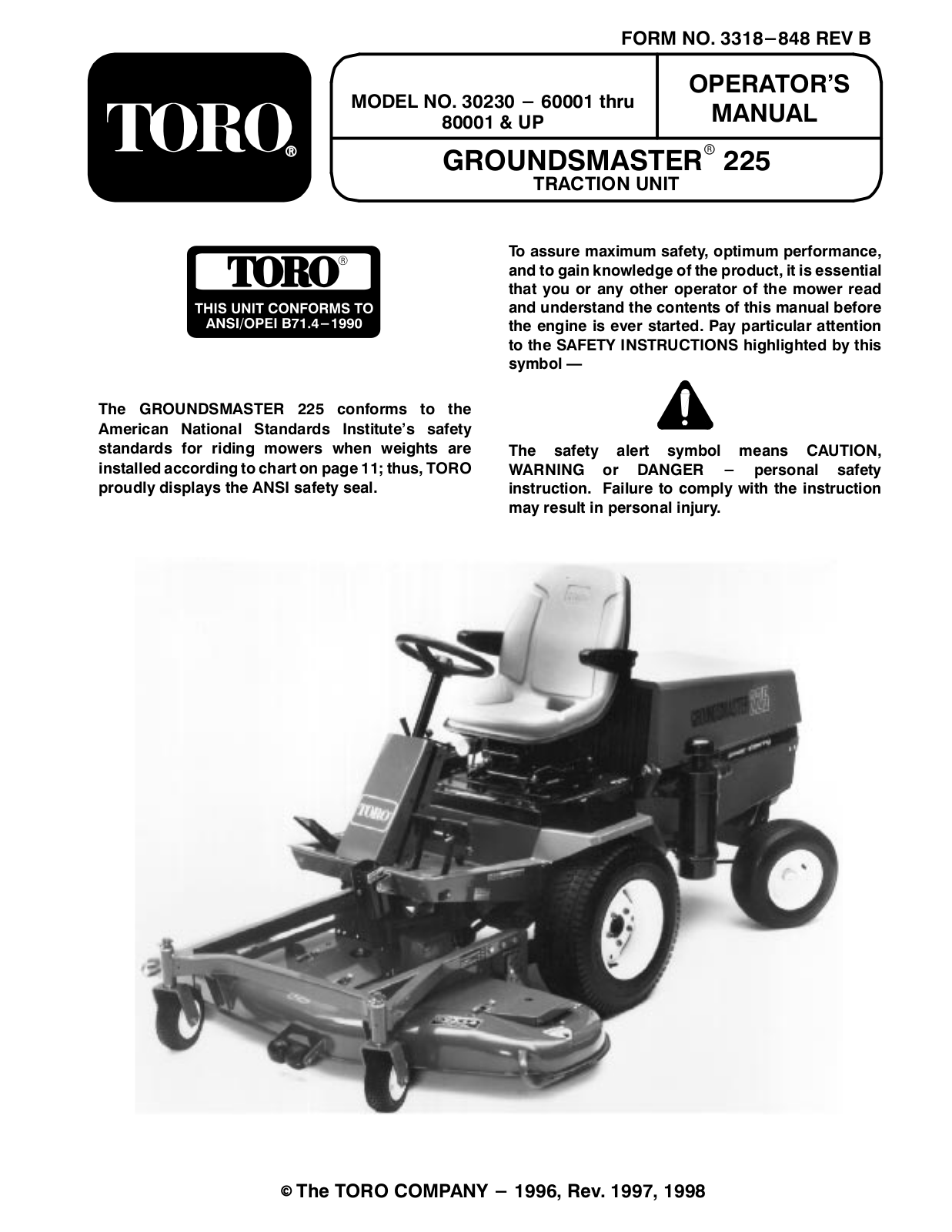 Toro 30230, Groundsmaster 225 Operator's Manual