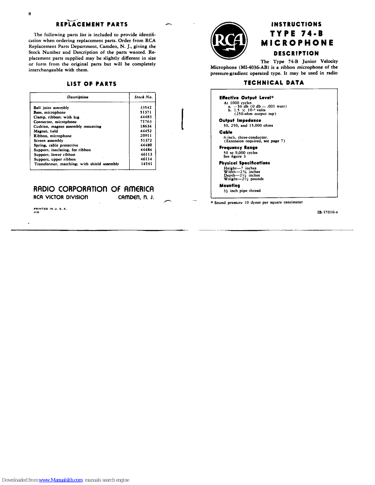 RCA 74-B Instructions Manual