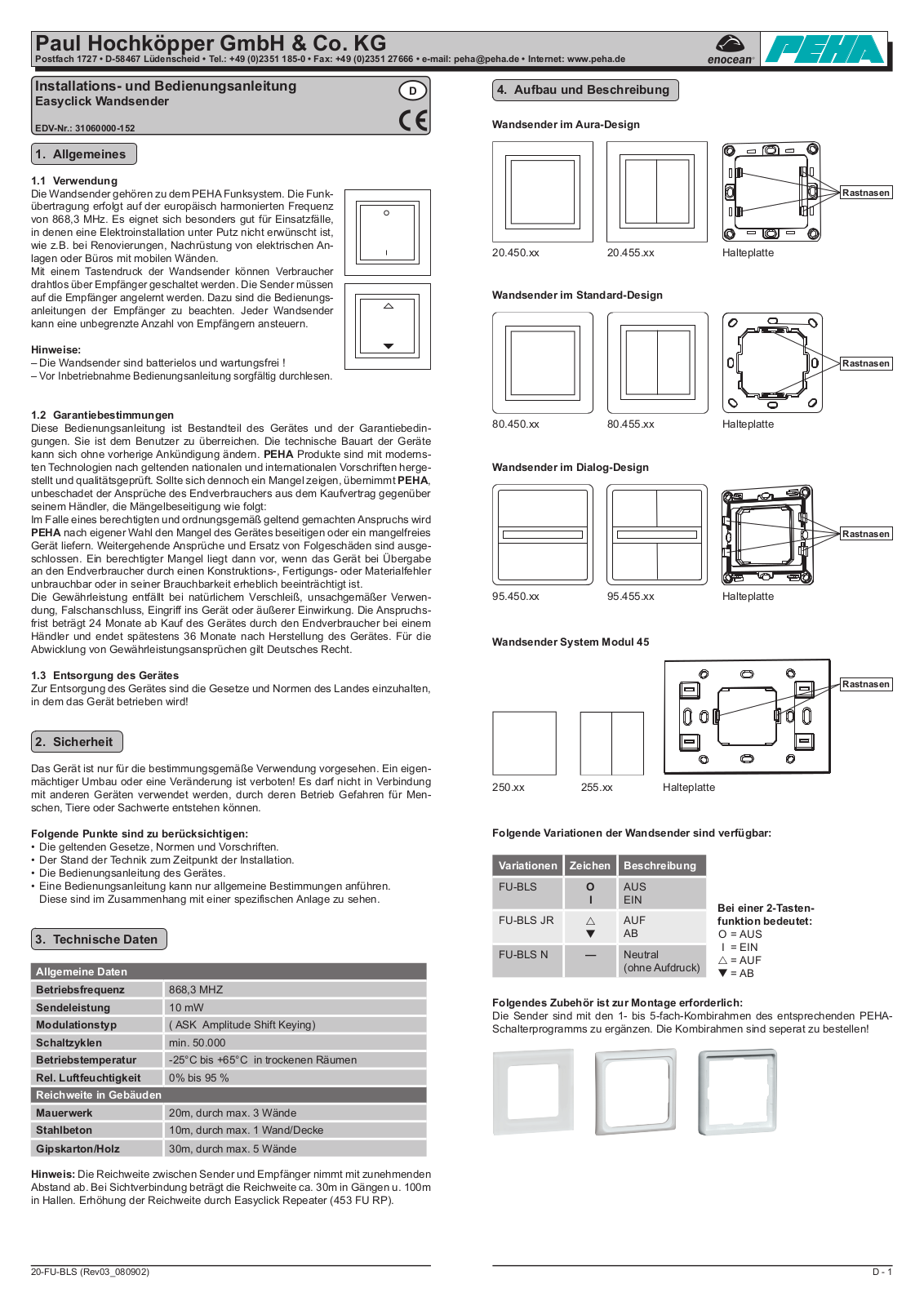 PEHA Enocean Easyclick Installation And Operating Instructions Manual