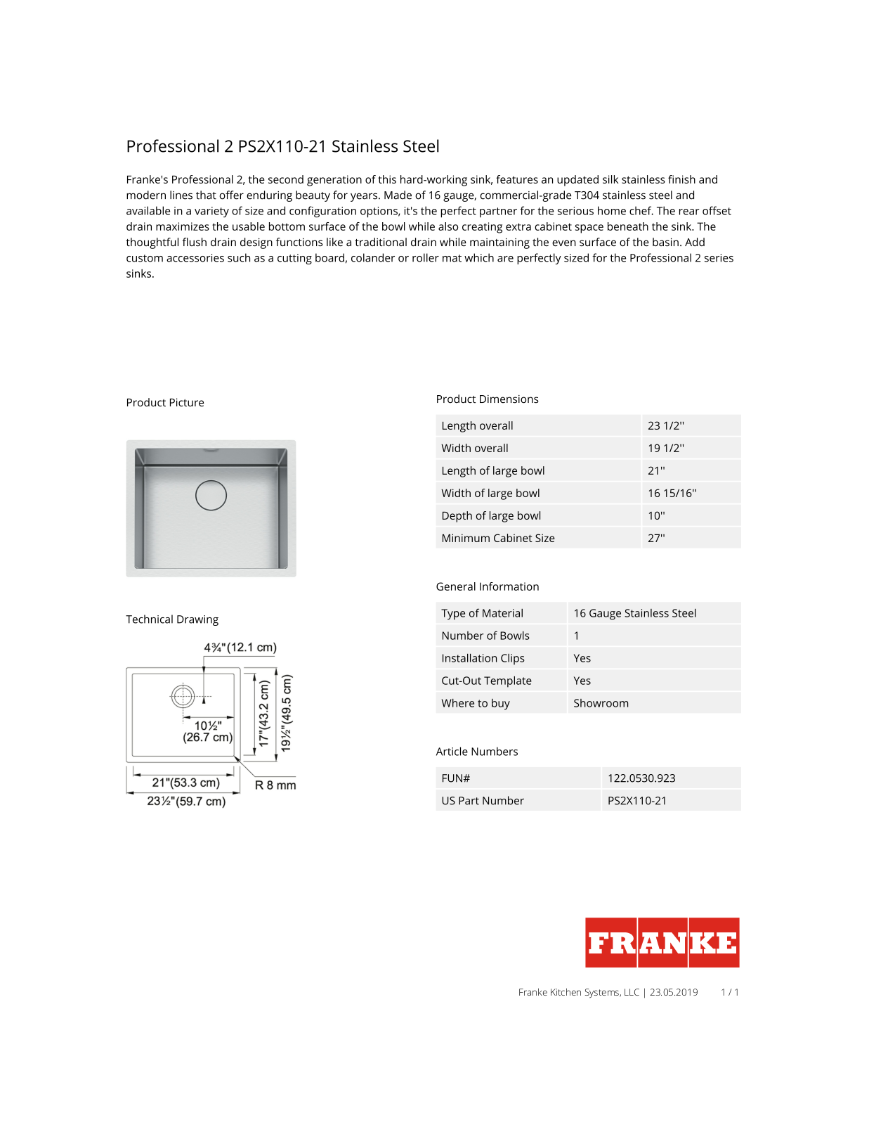 Franke PS2X11021 Specifications