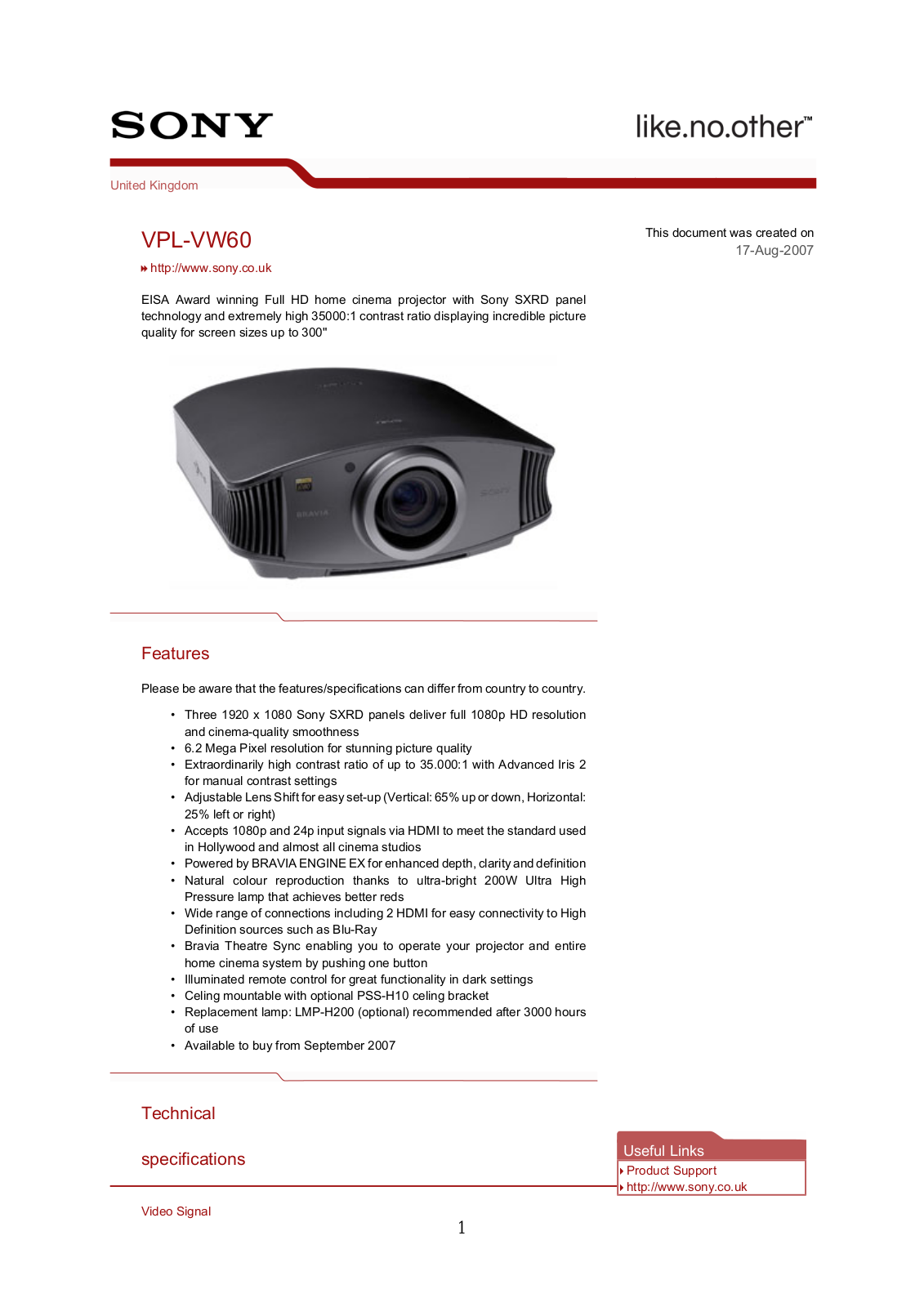 Sony VPL-VW60 Product Sheet