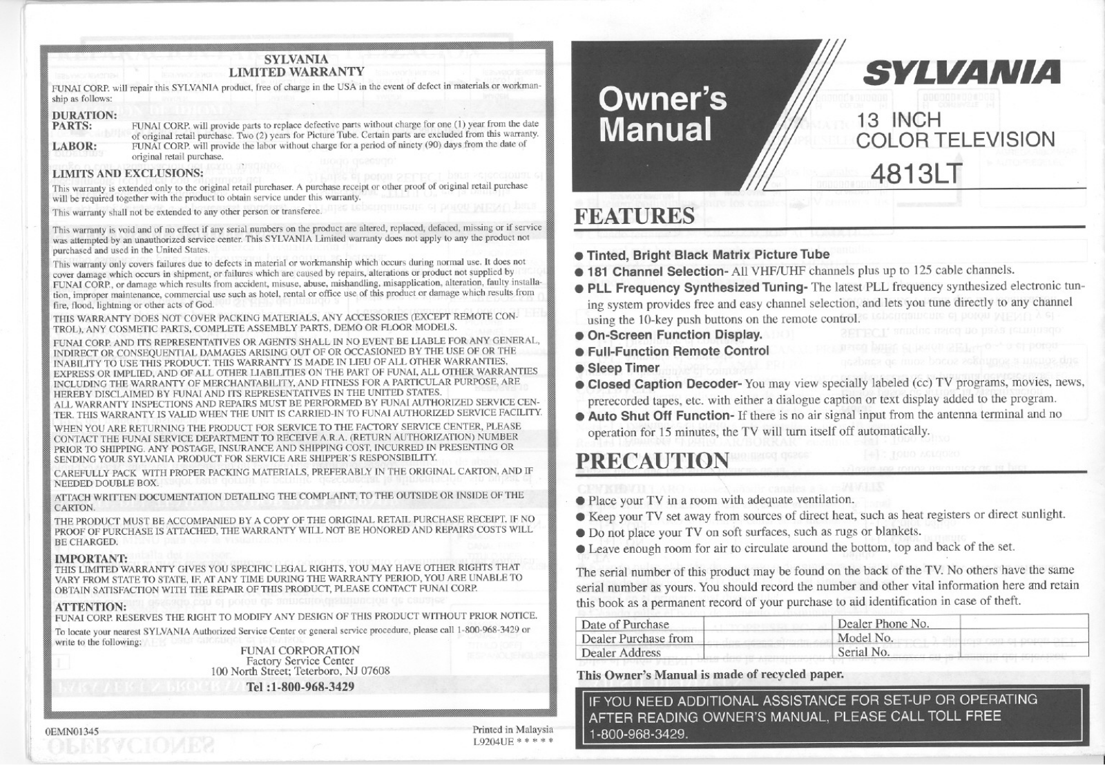 Sylvania 4813LT User Manual