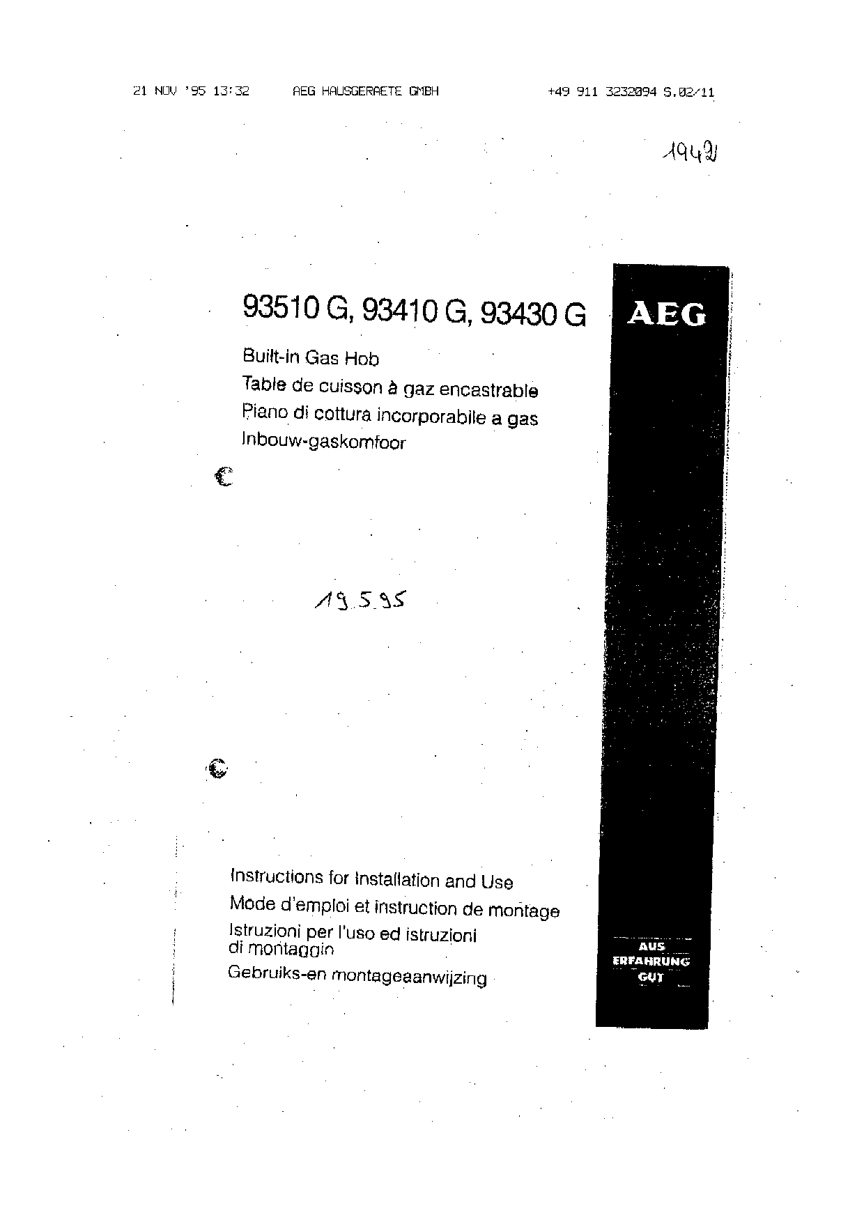 AEG-Electrolux 93410 G-WN-I, 93410G-WN-GB, 93430 G-BN-F, 93410G-WN-F, 93410 G-BN-NL User Manual