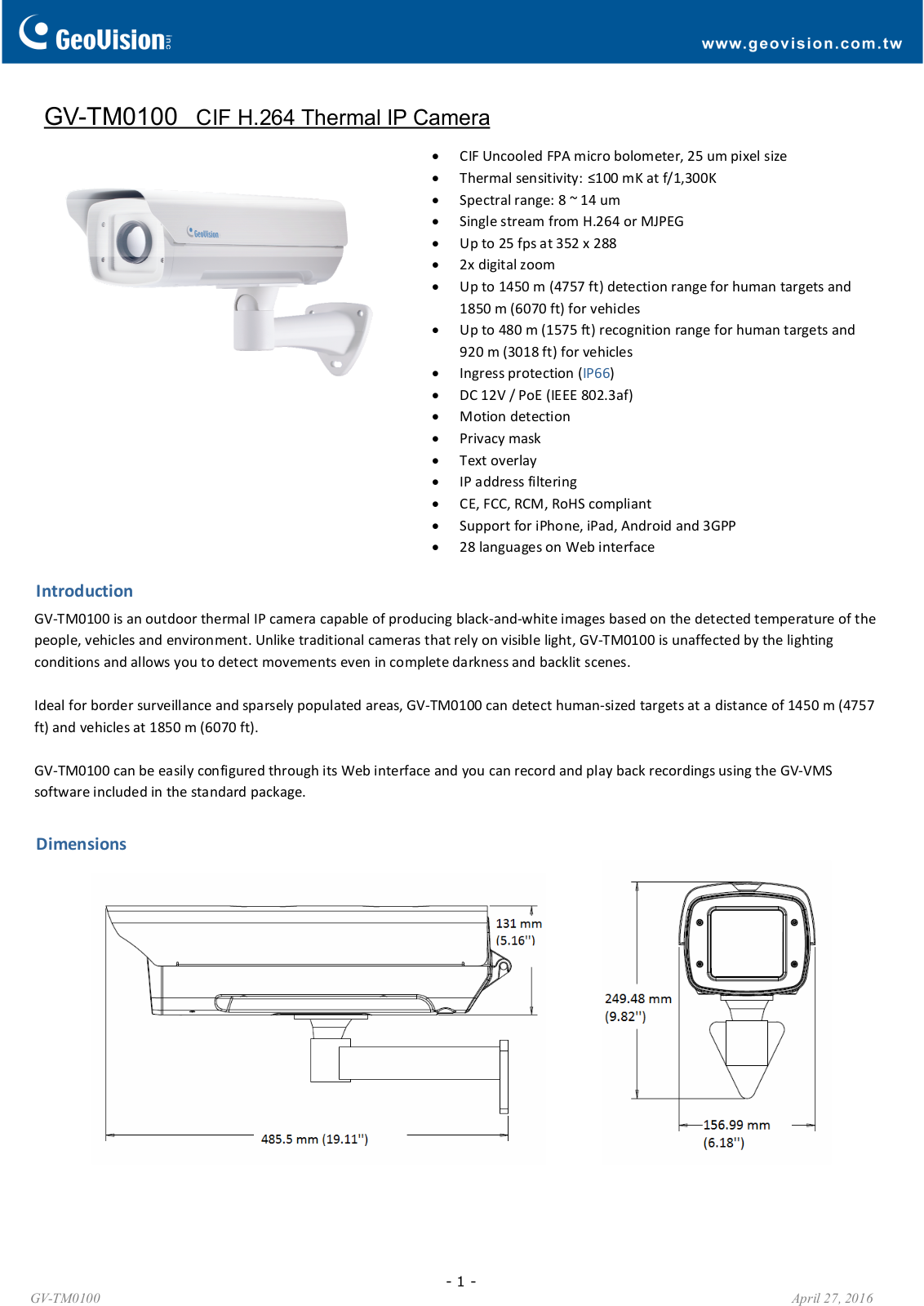 Geovision GV-TM0100 Specsheet