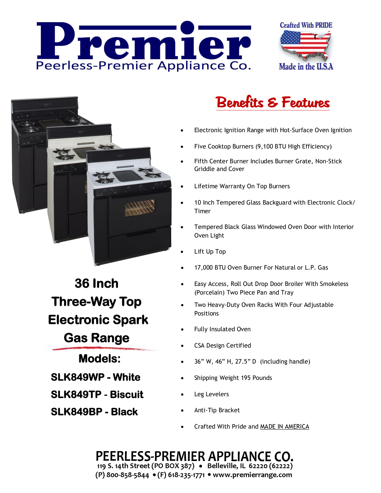 Premier SLK849TP, SLK849WP, SLK849BP Specifications - ManualMachine.com