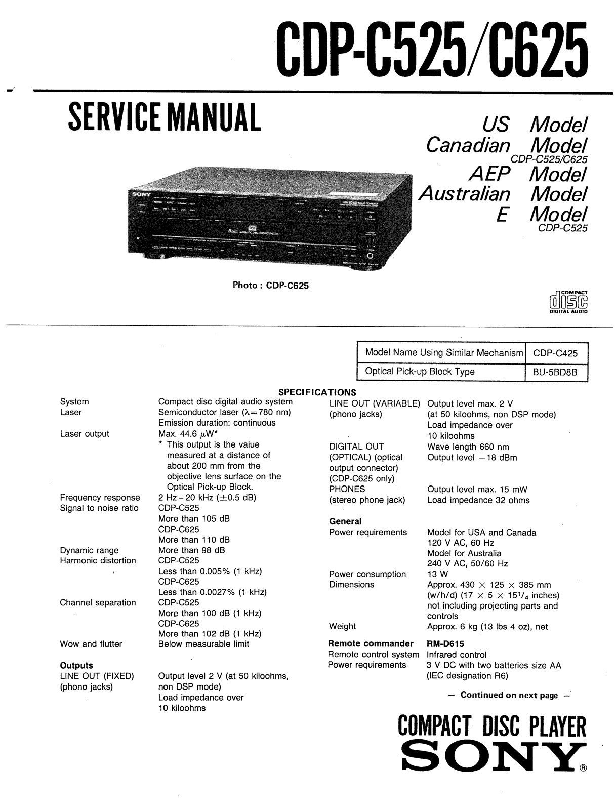 Sony CDPC-525 Service manual