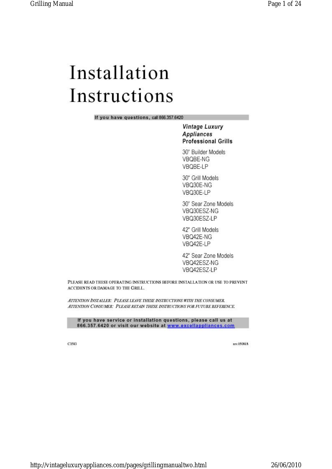 Vintage Vbq-56bfgc Installation Instruction