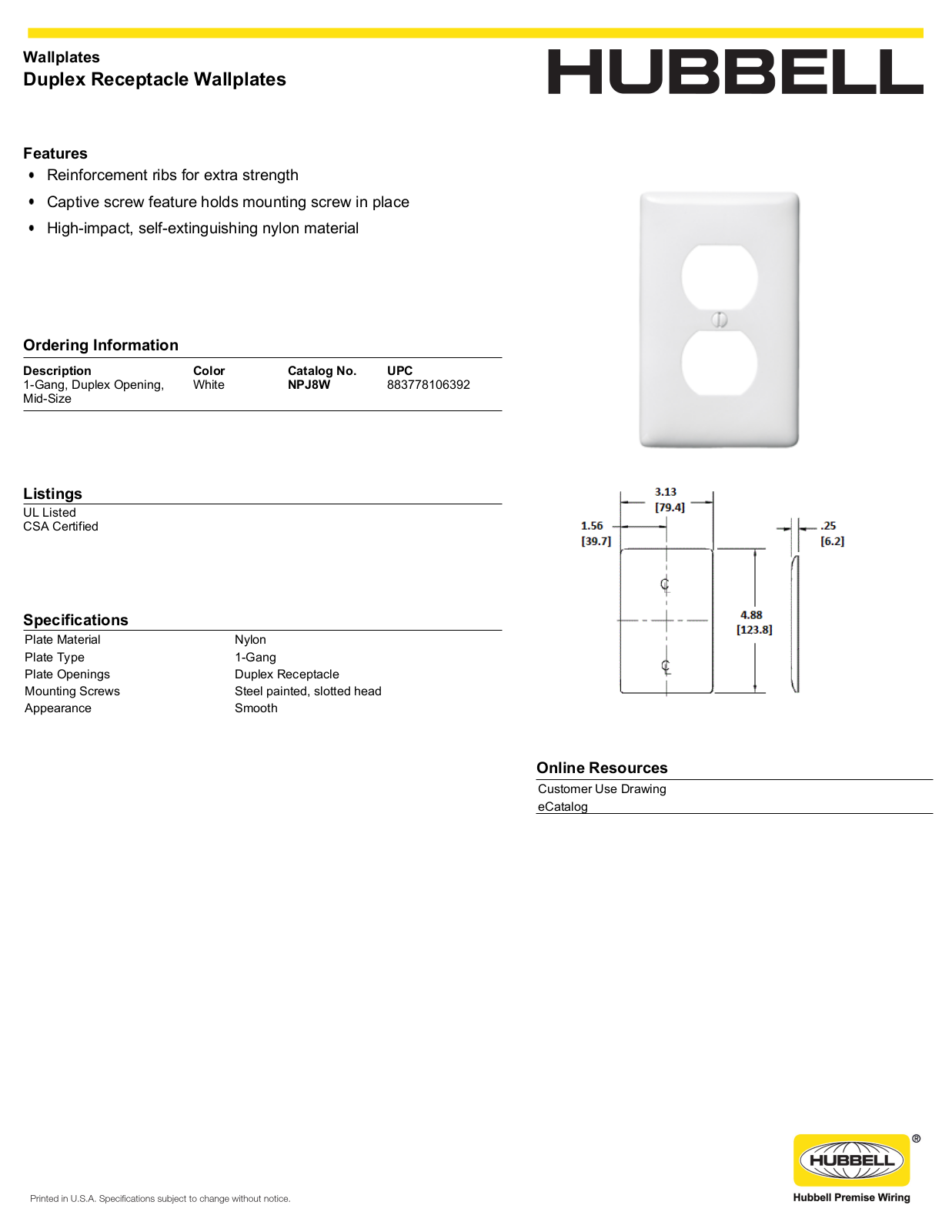 Hubbell NPJ8W Specifications