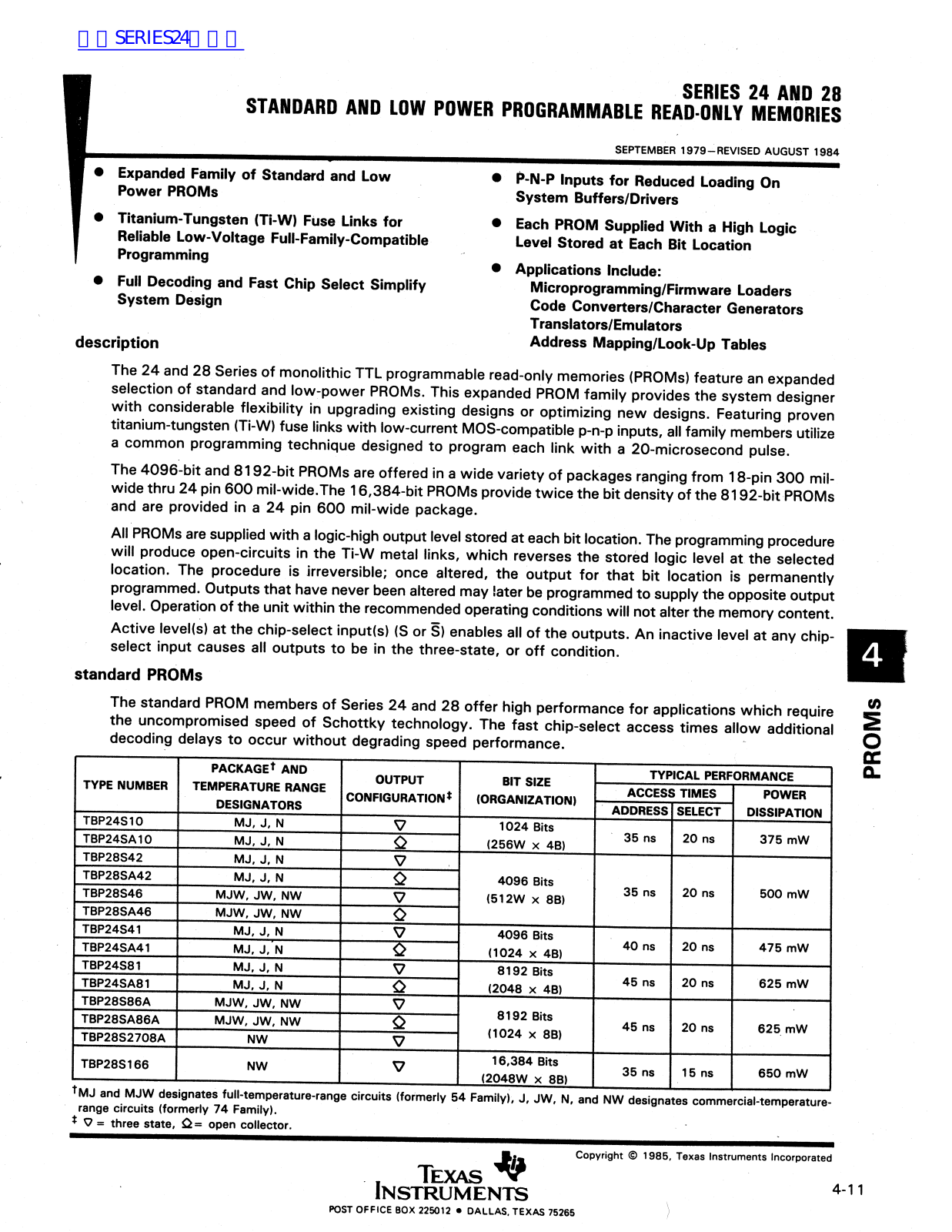 TEXAS INSTRUMENTS SERIES Technical data