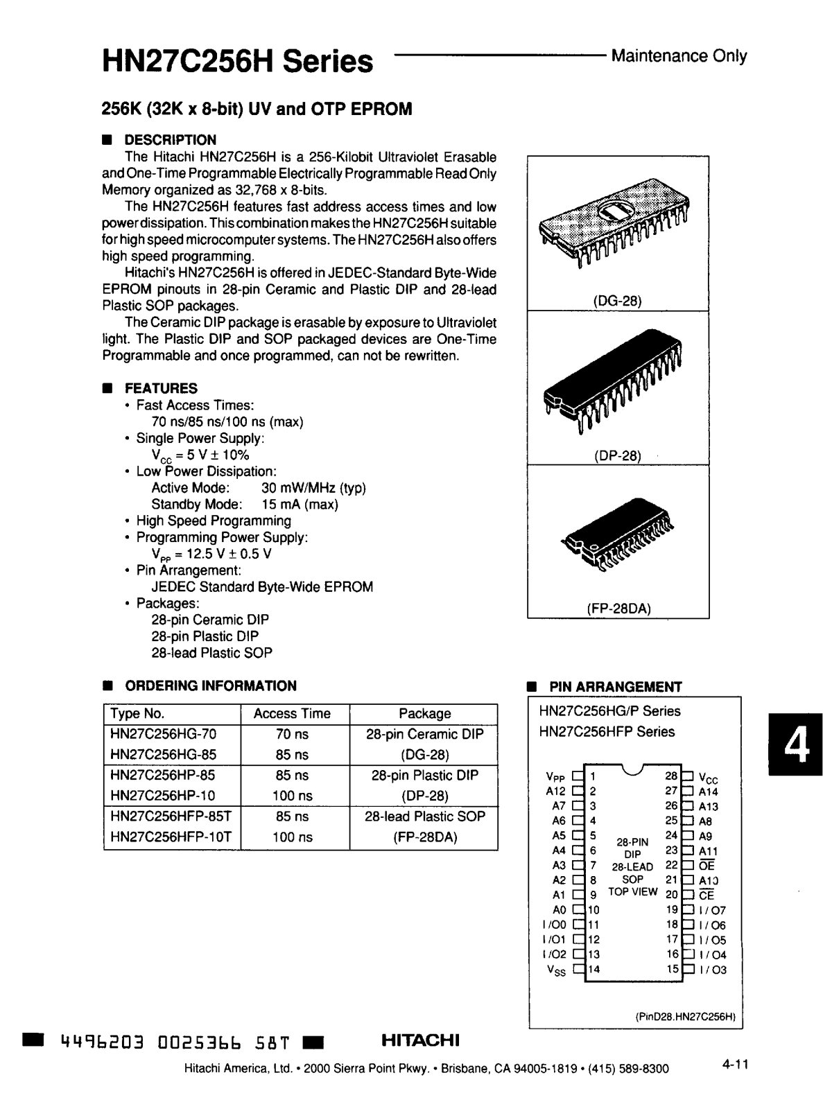 HIT HN27C256HG-85, HN27C256HP-10, HN27C256HFP-10T, HN27C256HFP-85T, HN27C256HG-70 Datasheet