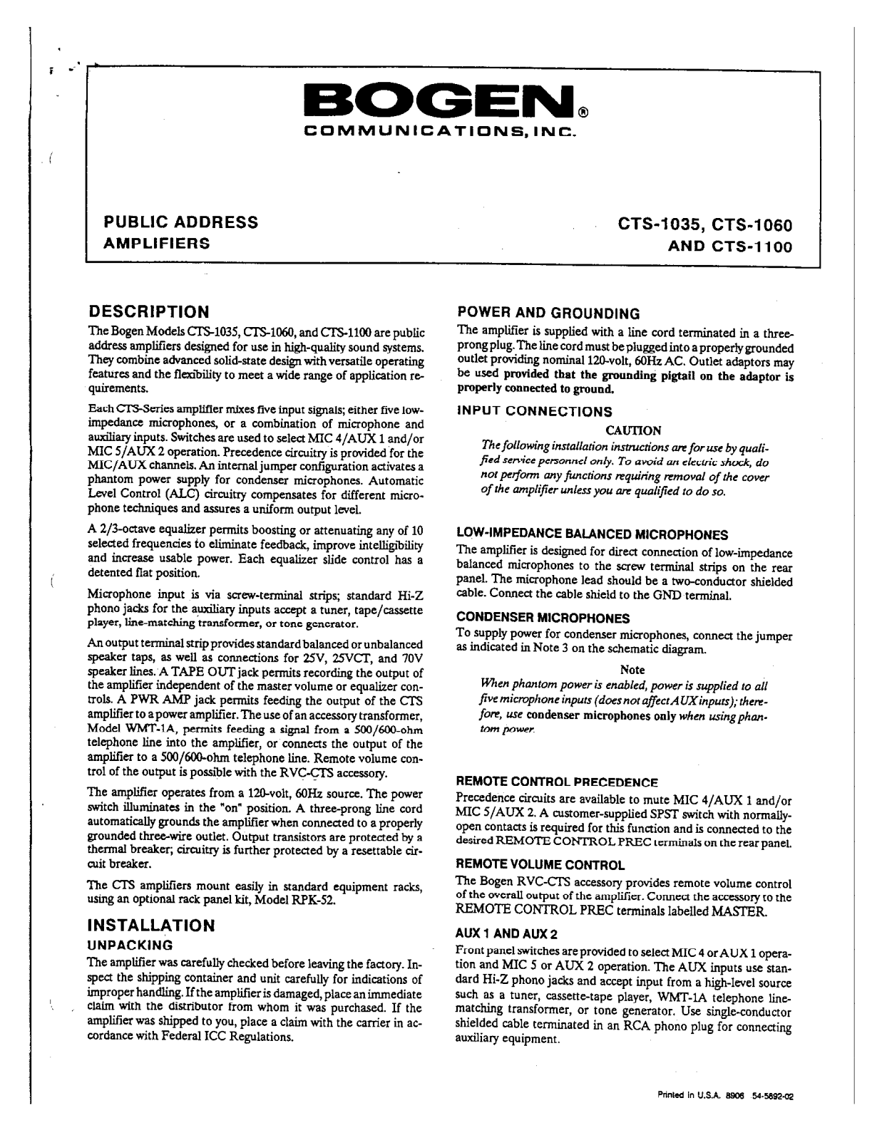 Bogen CTS-1100, CTS-1060, CTS-1035 User Manual