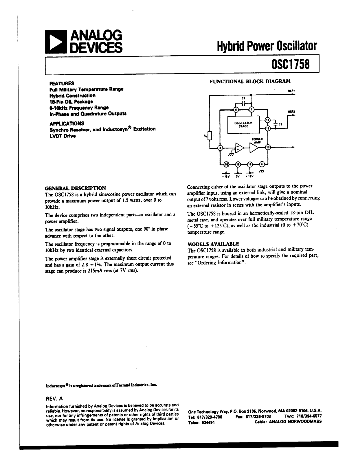 Analog Devices OSC1758 Datasheet