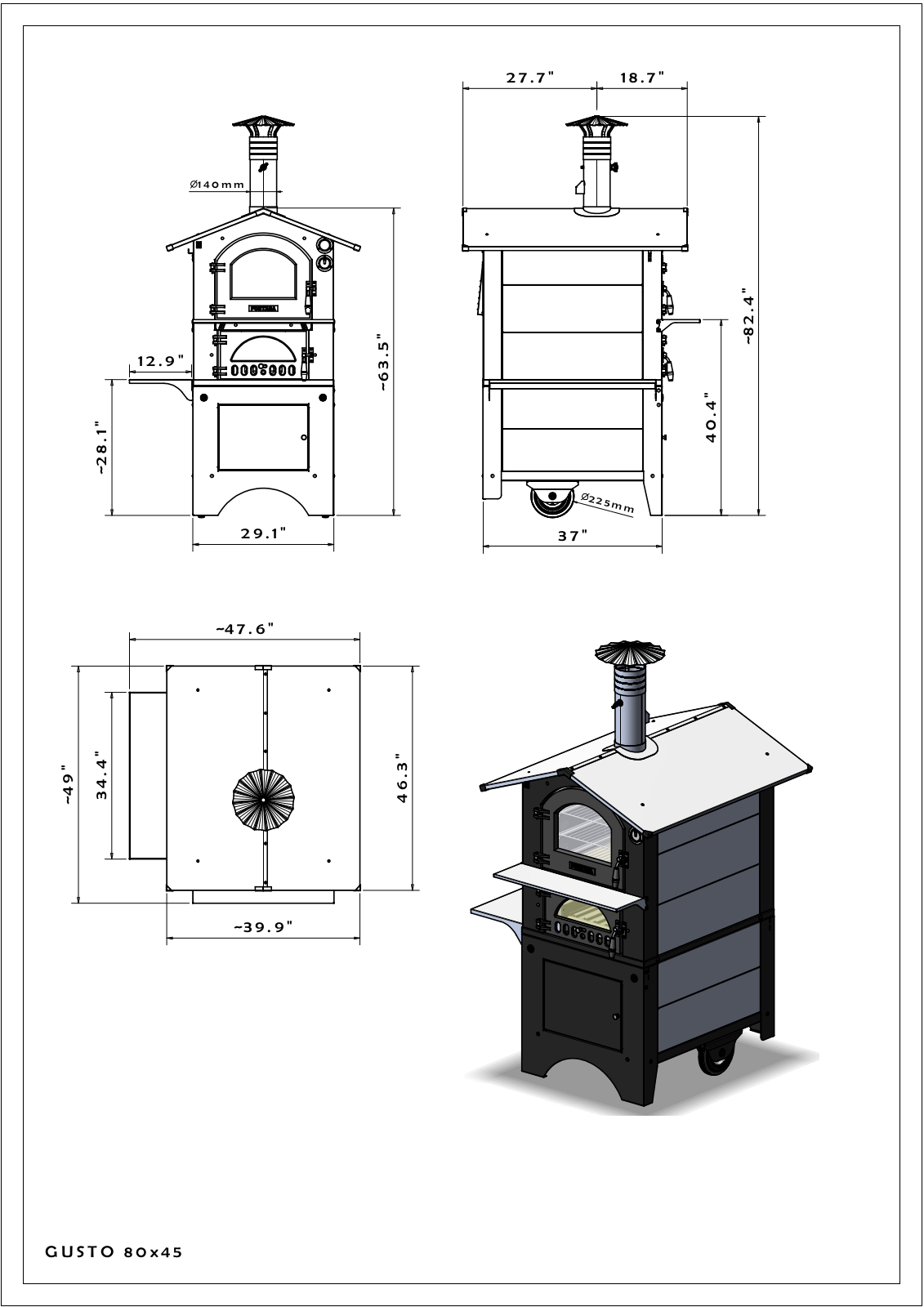 Fontana Forni CAGUSTO80AV Dimensions drawing