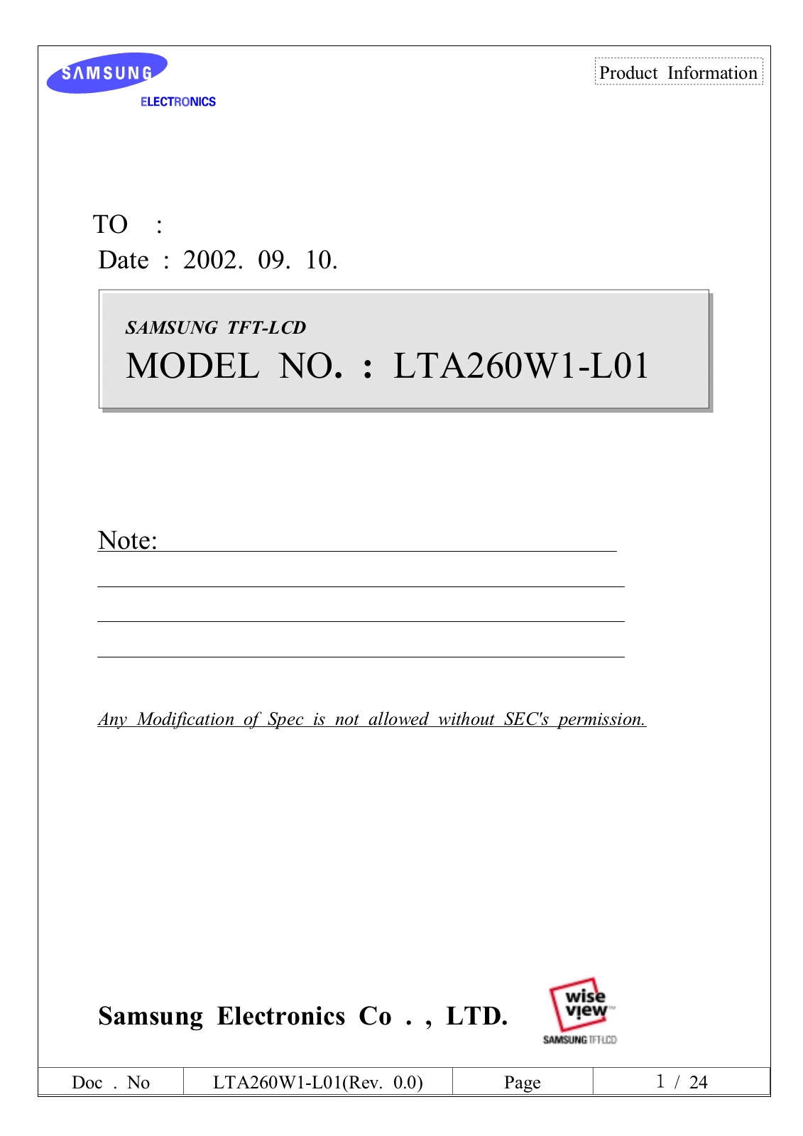 SAMSUNG LTA260W1-L01 Specification