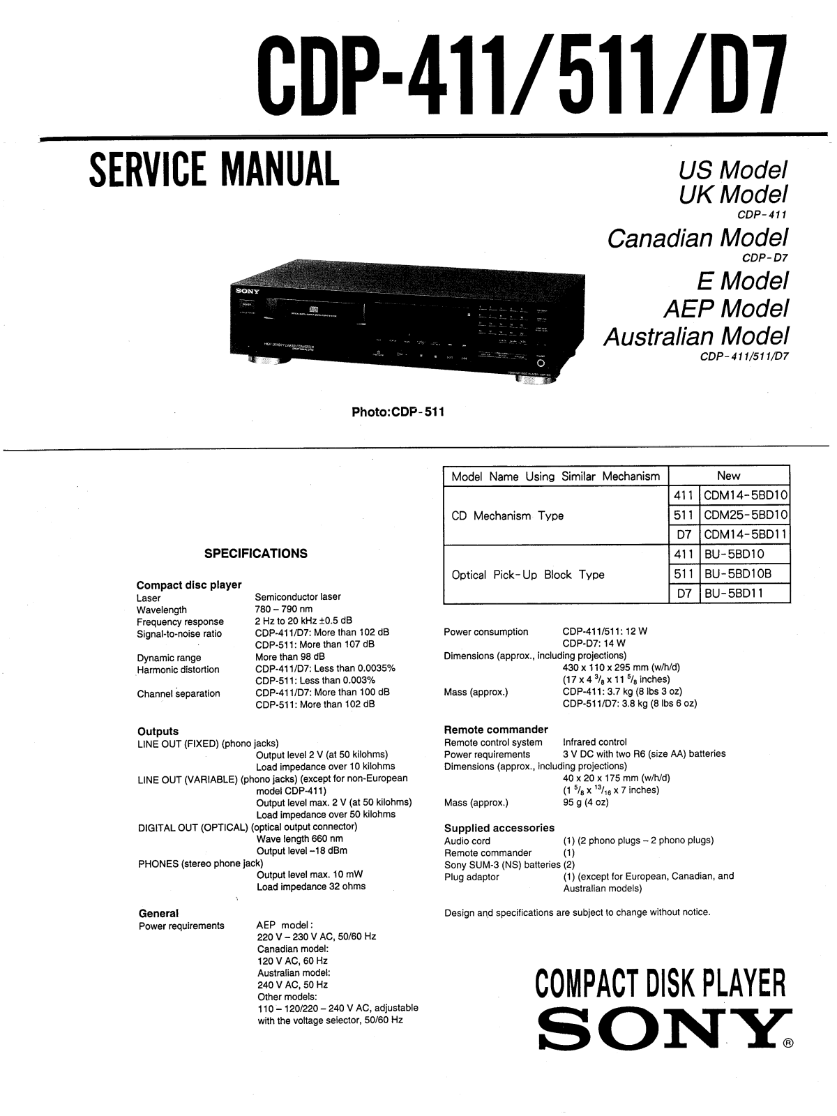 Sony CDP-411 511 D7 Schematic