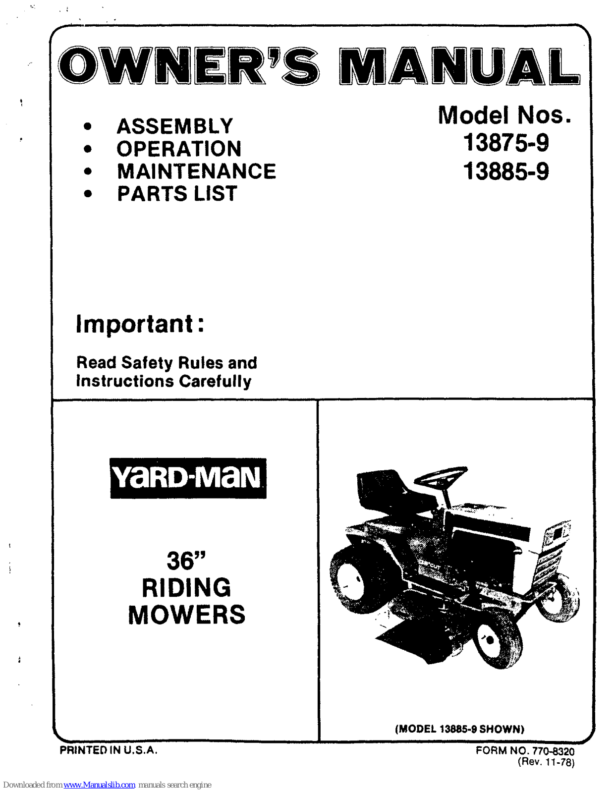 Yard-Man 13875-9, 13885-9 Owner's Manual