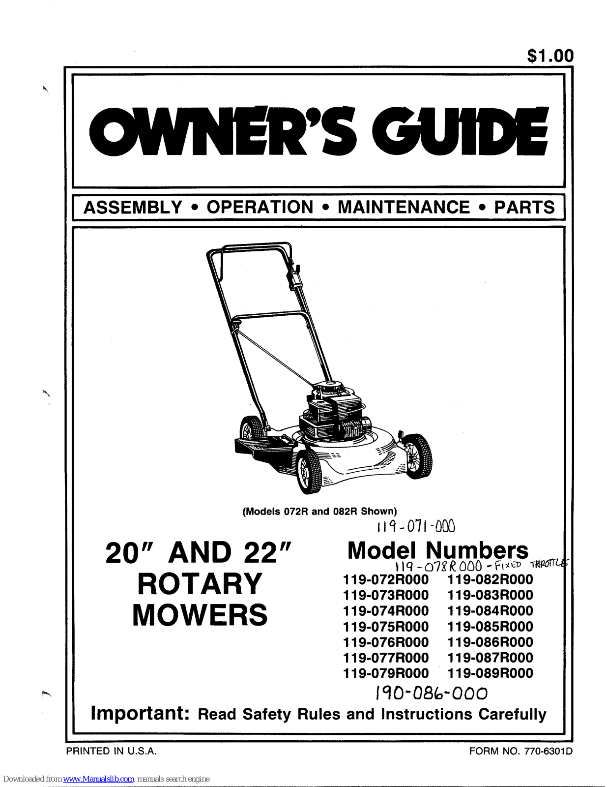 MTD 119-074R000, 119-077R000, 119-082R000, 119-083R000, 119-076R000 Owner's Manual