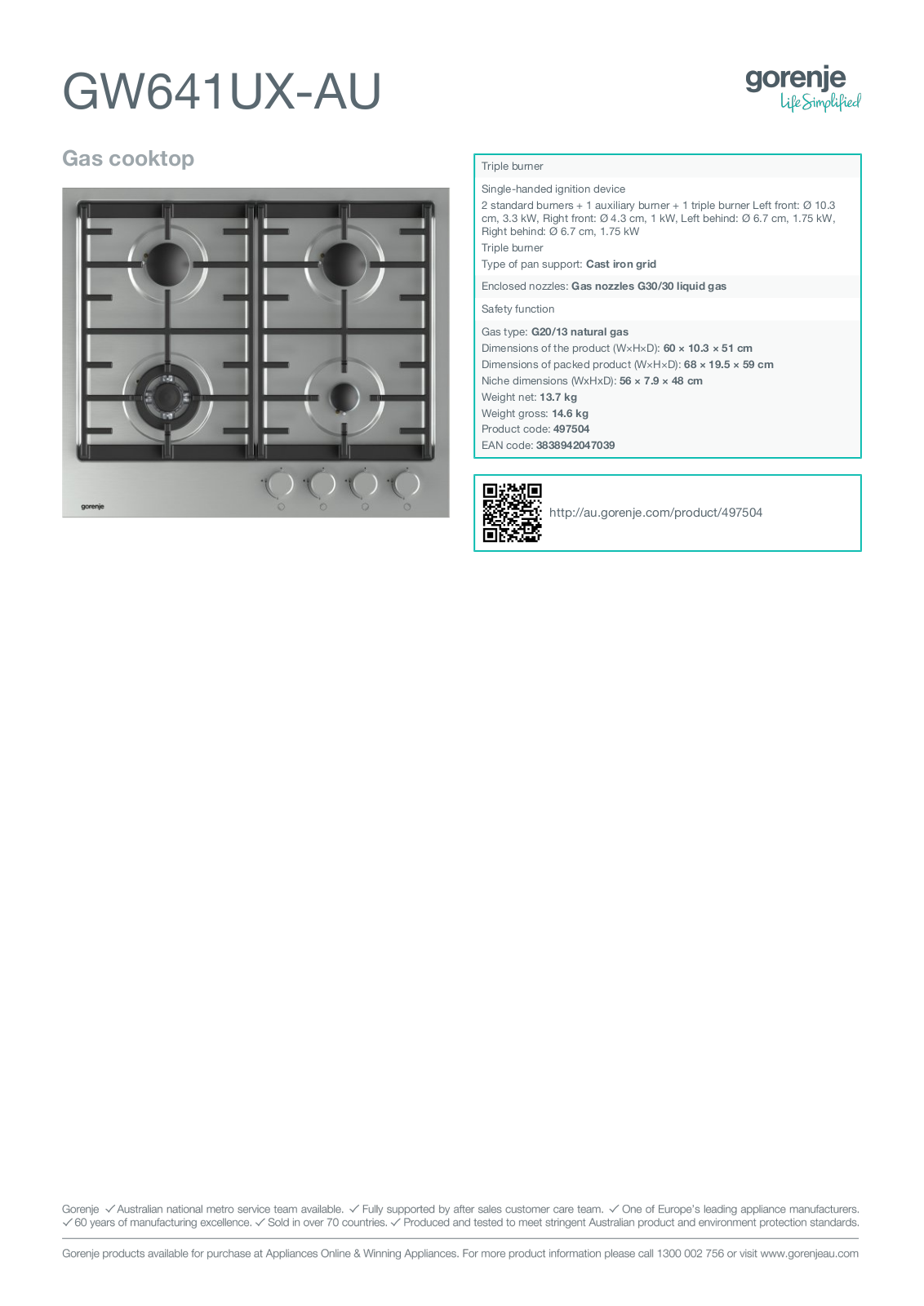 Gorenje GW641UX-AU Specifications Sheet