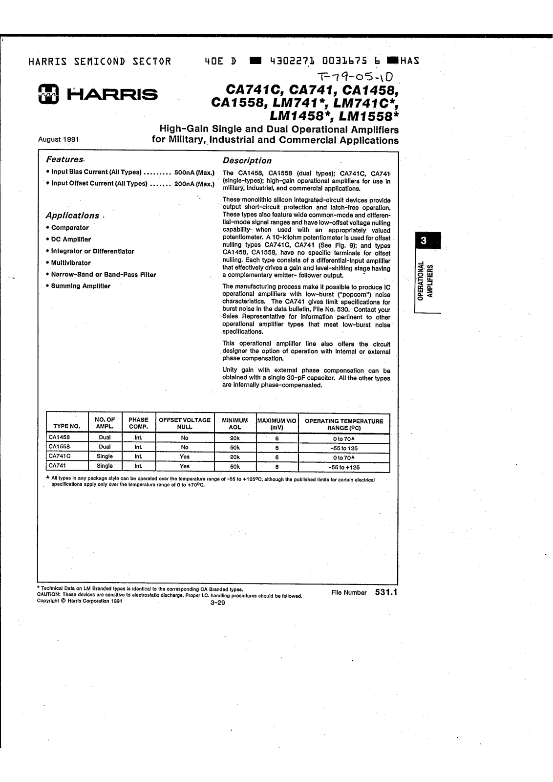 Harris Semiconductor CA741T, CA741E, CA741CT, CA741CS, CA741CE Datasheet