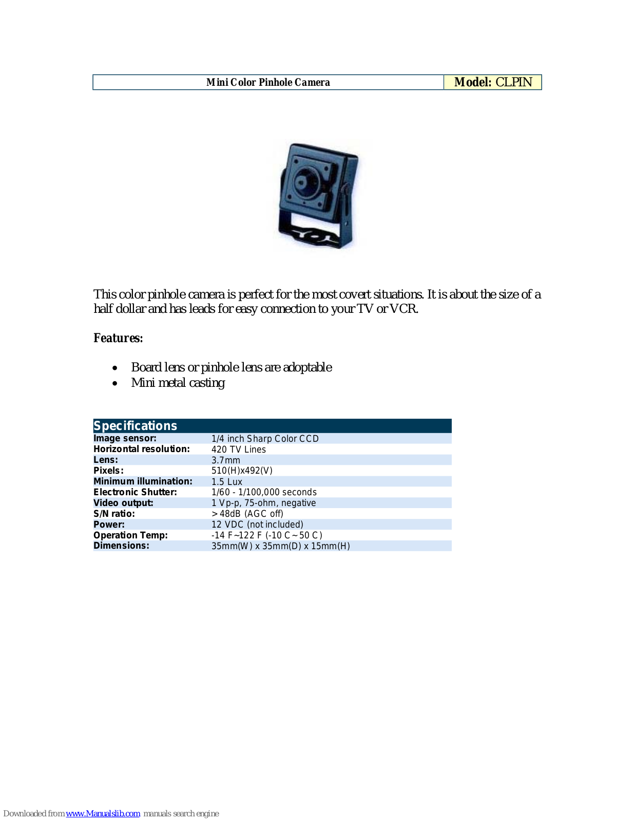 Optiview Mini Color Pinhole Camera CLPIN, CLPIN Specification Sheet