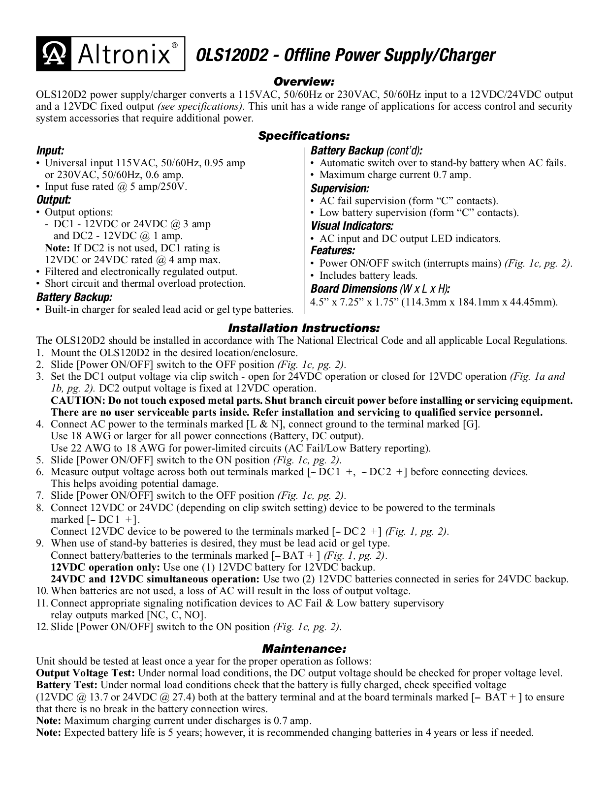 Altronix OLS120D2 User Manual