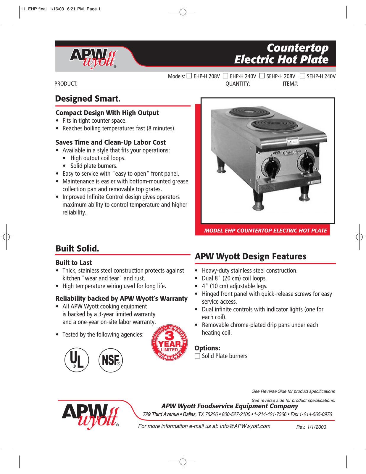 APW Wyott SEHP-H User Manual