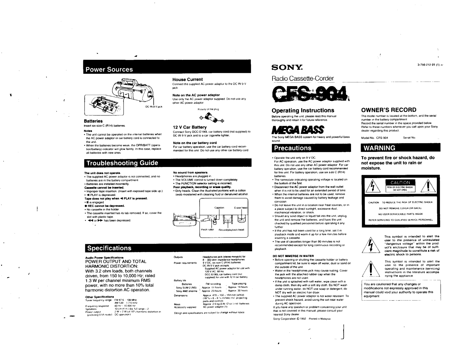 Sony CFS-904 User Manual