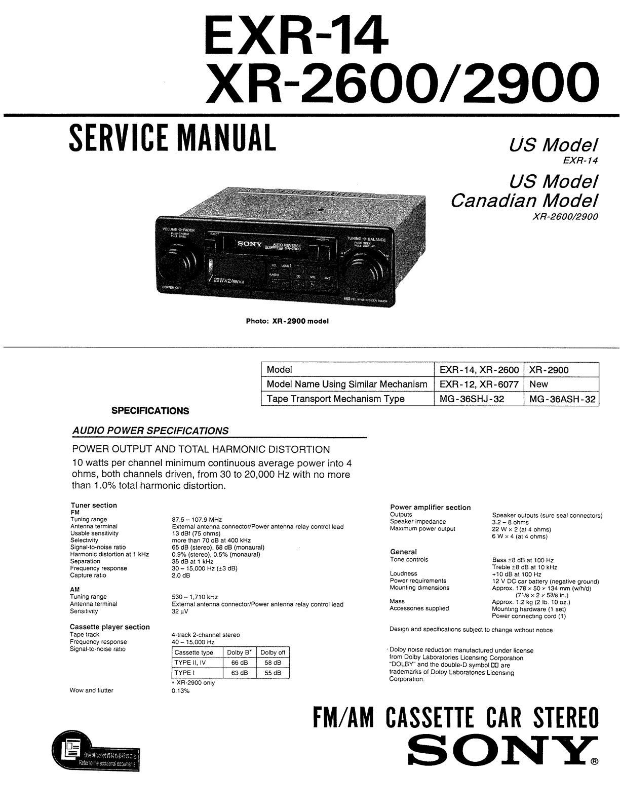 Sony XR-2600, XR-2900 Service manual