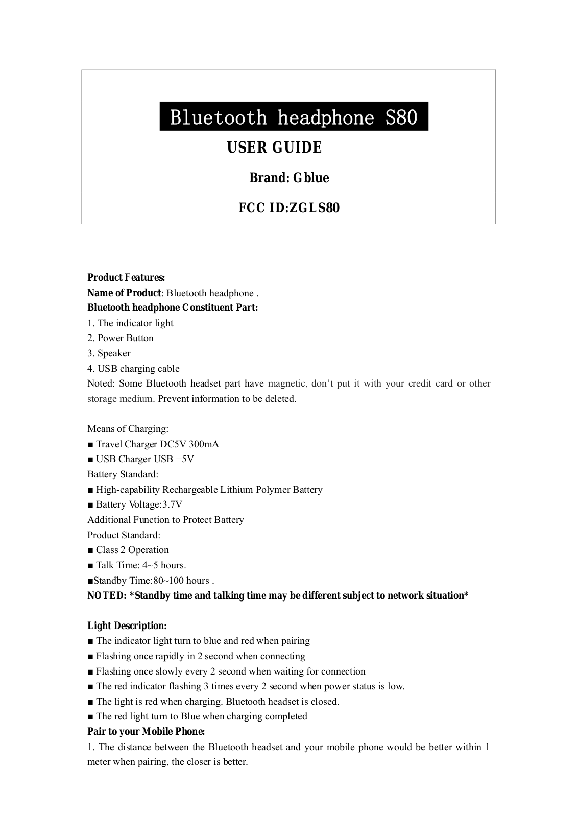 G BLUE Technology S80 User Manual