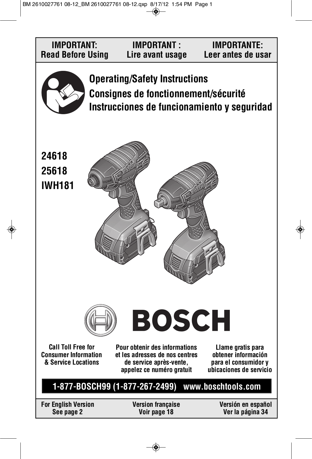 Bosch Power Tools 25618BN, 25618BL, 25618B, CLPK221-181, 25618-01 User Manual