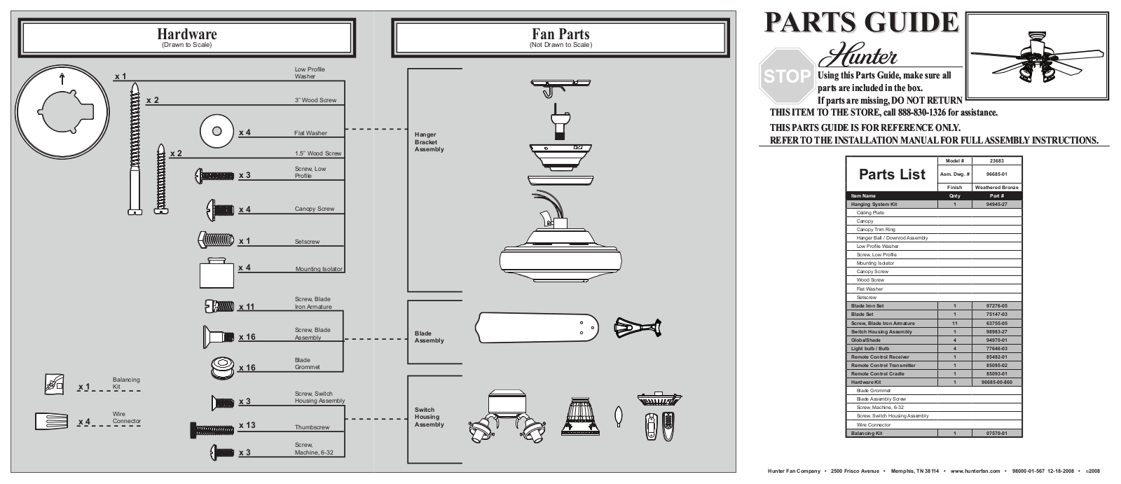 Hunter 23683 Parts Guide